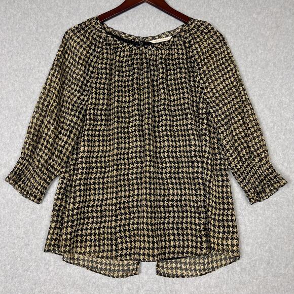 Soft Surroundings Black Gold Houndstooth 3/4 Sleeves Blouse Size Medium Petite - Picture 1 of 10